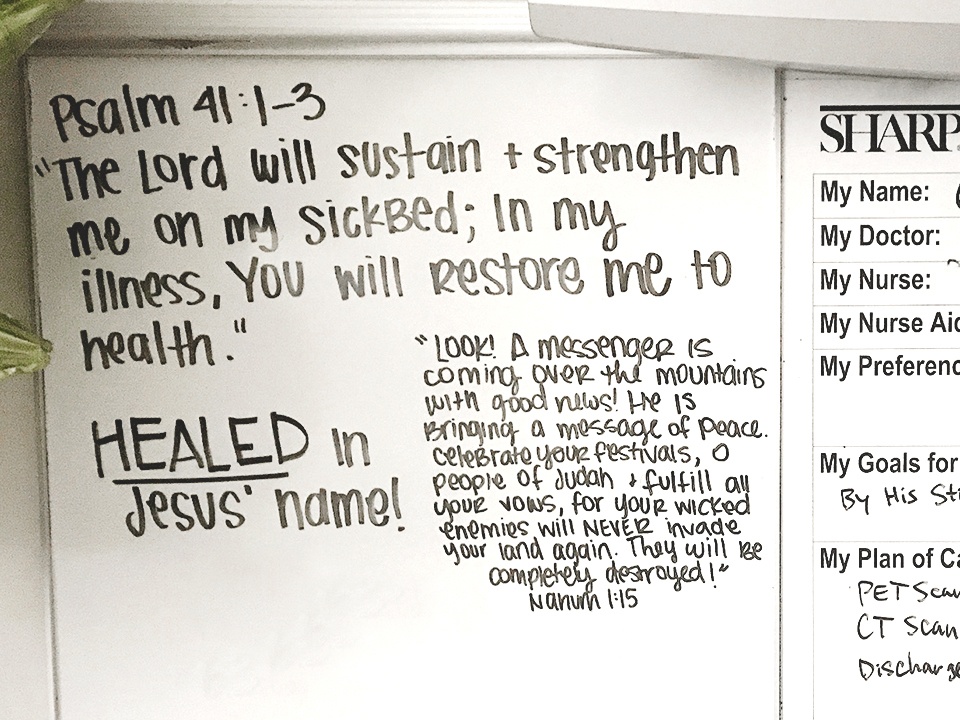 Chelsie wrote scripture on the whiteboard in Corys hospital room